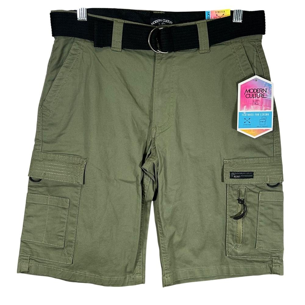 Modern Culture Mens Olive Green Cargo‎ Shorts with Belt Size 30 Stretch New